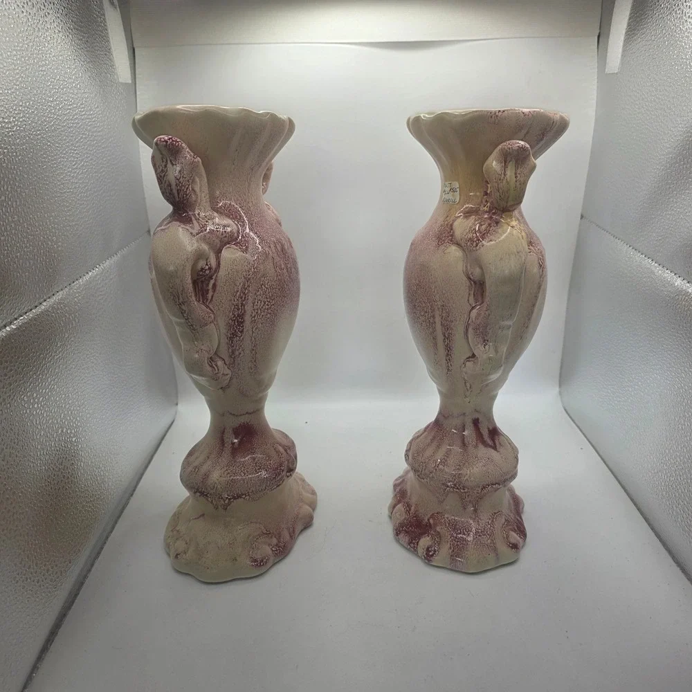 Pair RumRill J26 USA Art Pottery Bird Handle Vases Urns Burgundy Cream